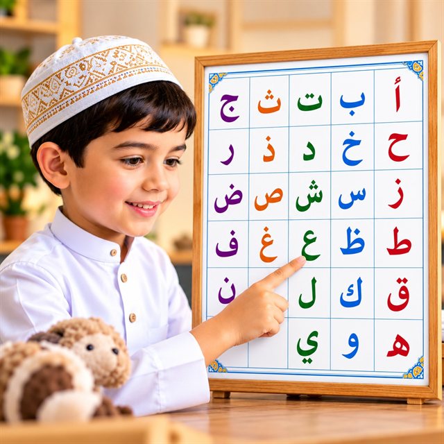 Child learning the Arabic alphabet with Noorani Qaida