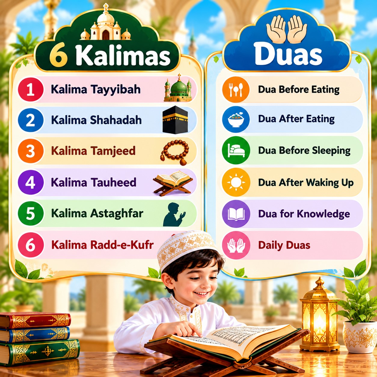 Chart of the 6 Kalimas and daily Duas with a child reading