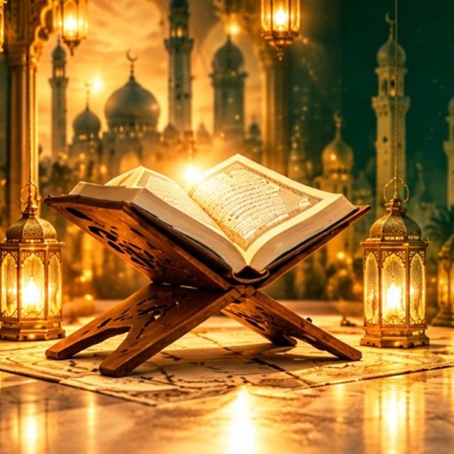 Open Quran on a wooden stand with lanterns