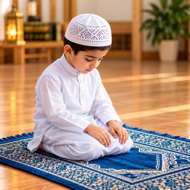 Child praying Salah on a prayer mat