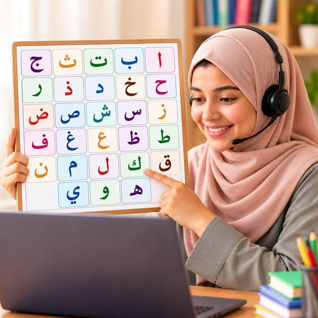 Female Quran teacher teaching the Arabic alphabet online